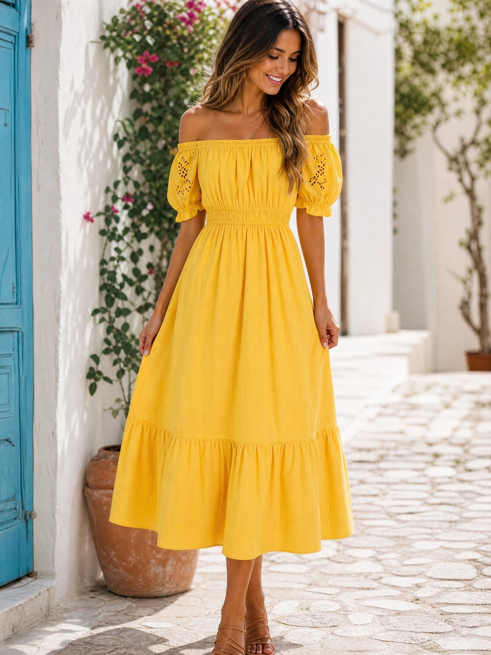 H&M Yellow Cotton Eyelet Off-Shoulder Midi Dress Size S